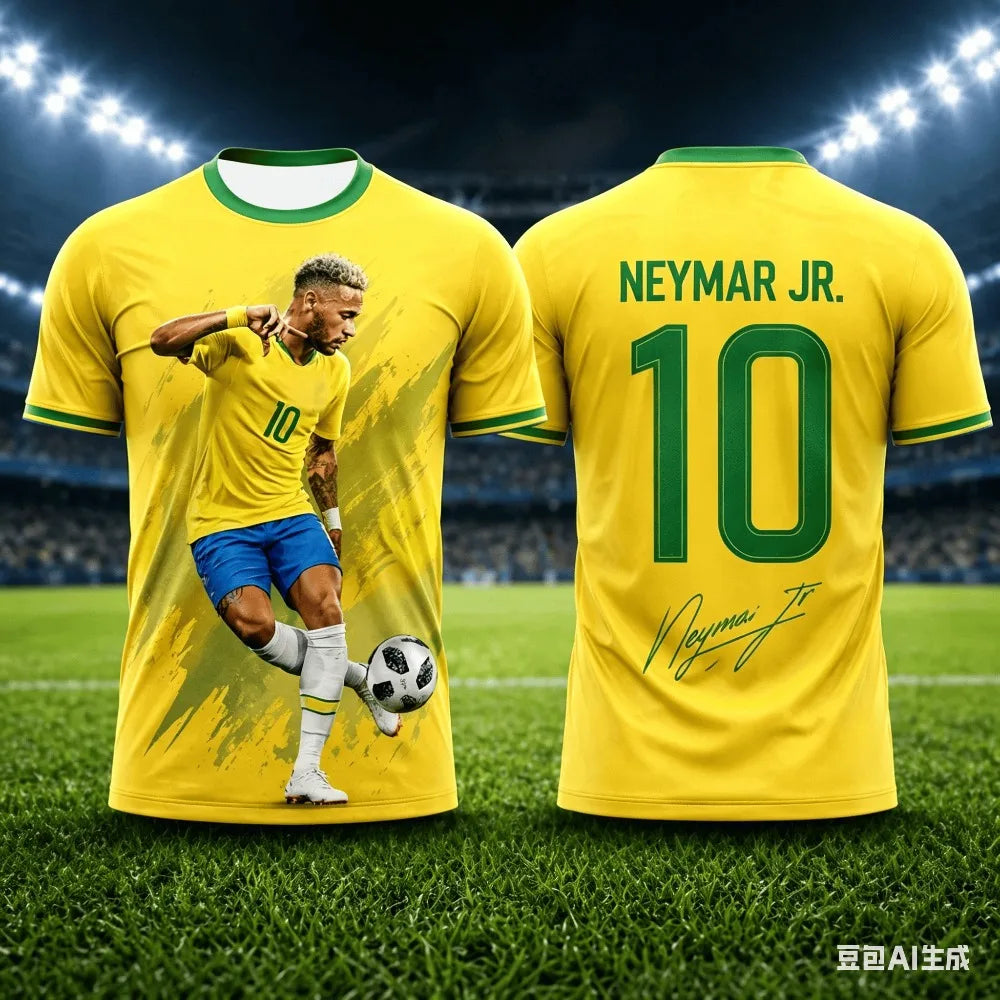 Neymar Jr #10 Brazil National Team Soccer Jersey T-Shirt, Men Women Yellow Green Short Sleeve Football Fan Streetwear Tee