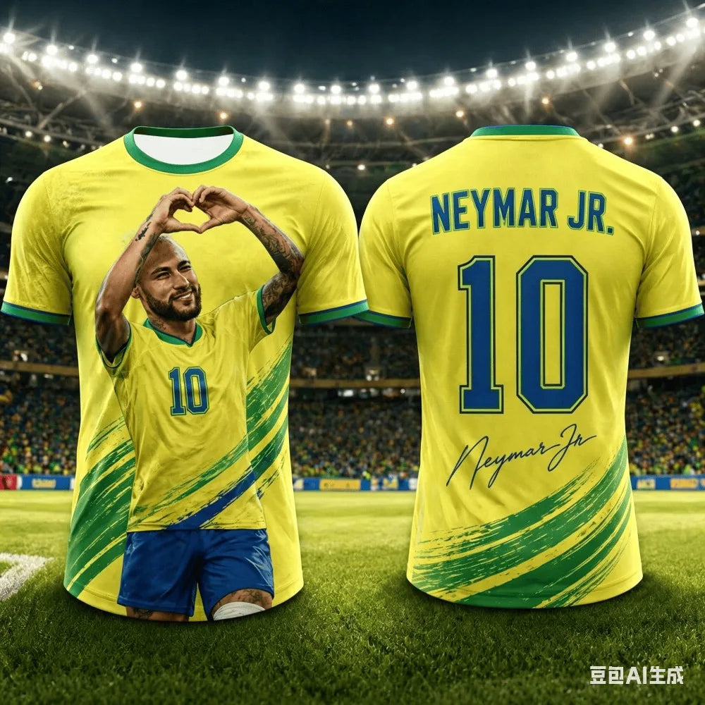 Neymar Jr #10 Brazil National Team Soccer Jersey T-Shirt, Men Women Yellow Green Short Sleeve Football Fan Streetwear Tee